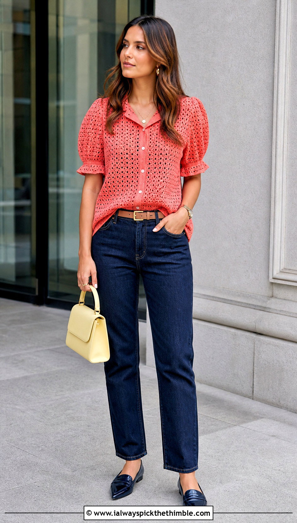 Button Front Crochet Puff Top With Dark Wash Jeans - 25 crochet puff top outfit ideas