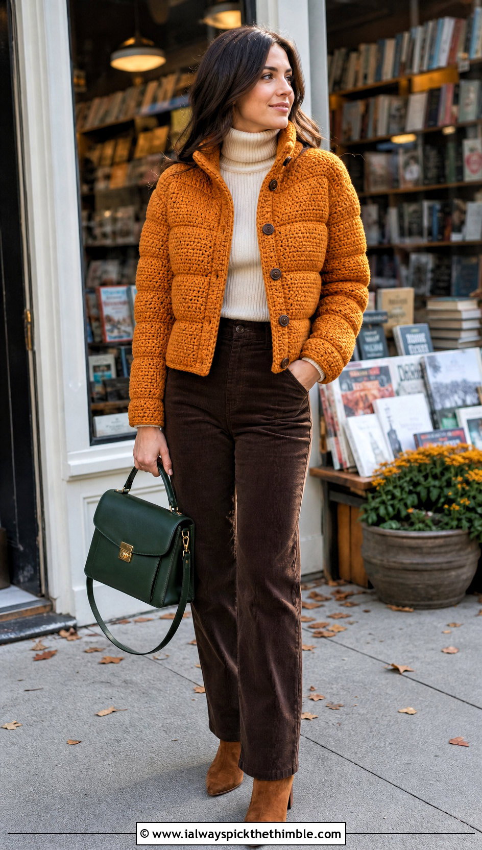 Button Front Crochet Puffer Jacket With Corduroy Pants - 25 crochet puffer jacket outfit ideas