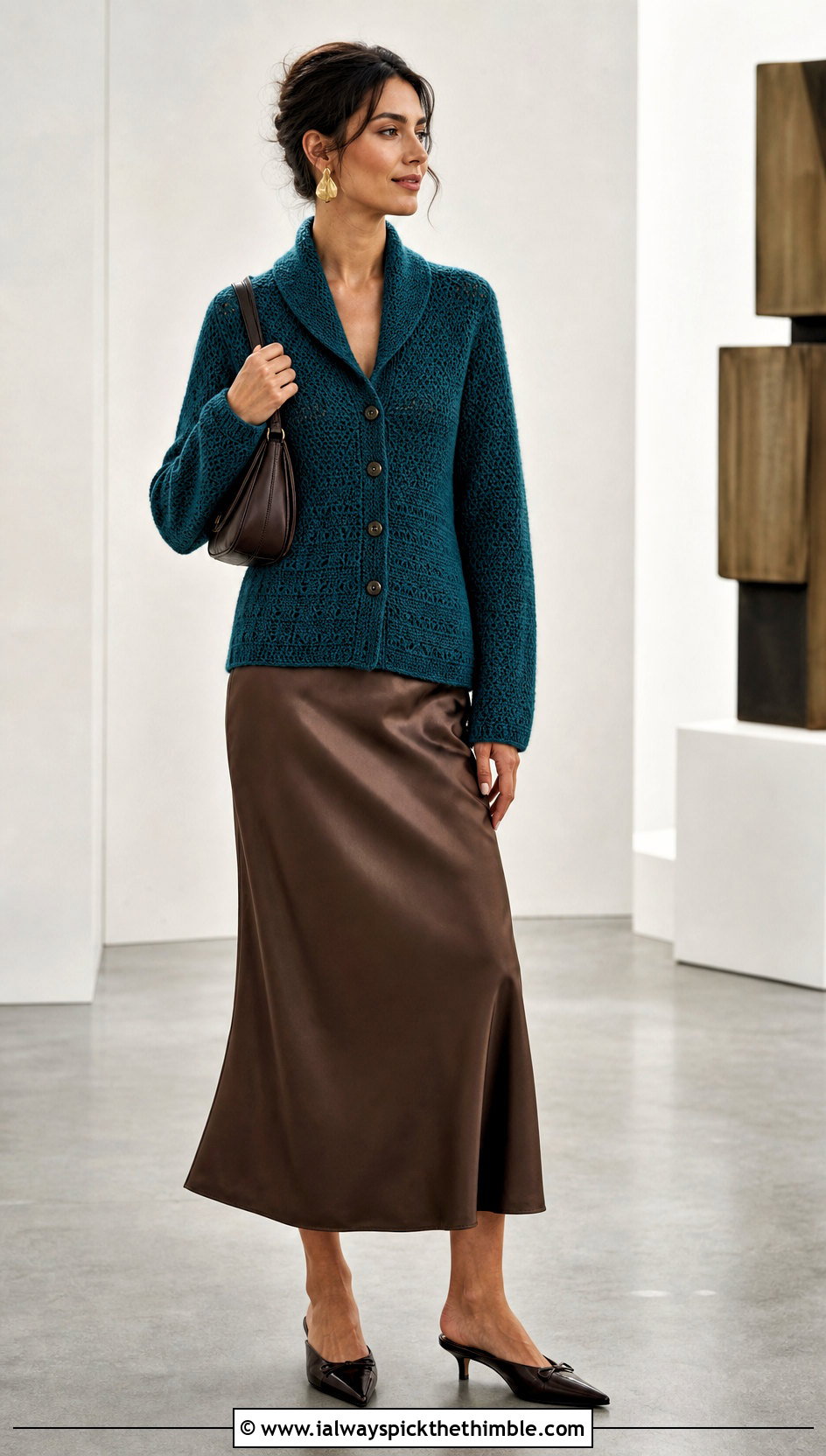 Button Front Crochet Shawl Collar Cardigan With Slip Skirt - 20 Crochet Shawl Collar Sweater outfit ideas