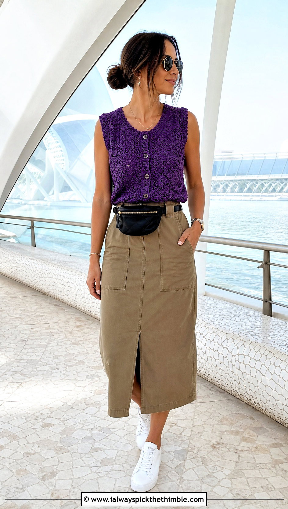 Button Front Crochet Shell Top With Utility Midi Skirt - 20 crochet summer top for women outfit ideas