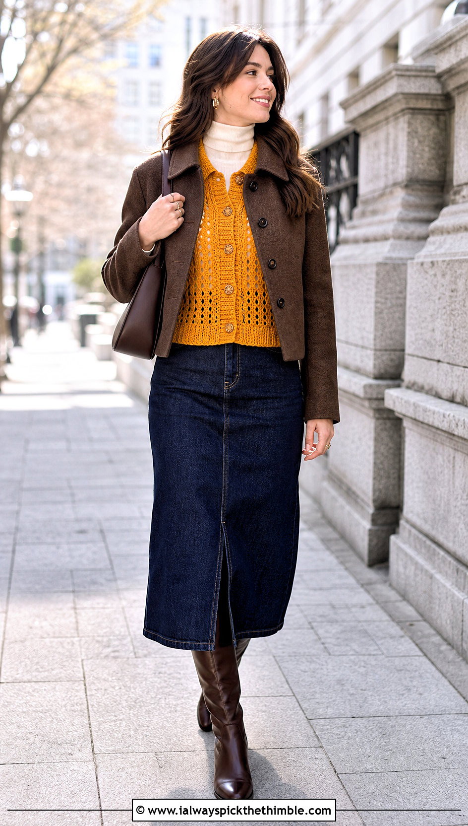 Button Front Crochet Shirt With Denim Skirt - 25 winter crochet top outfit ideas