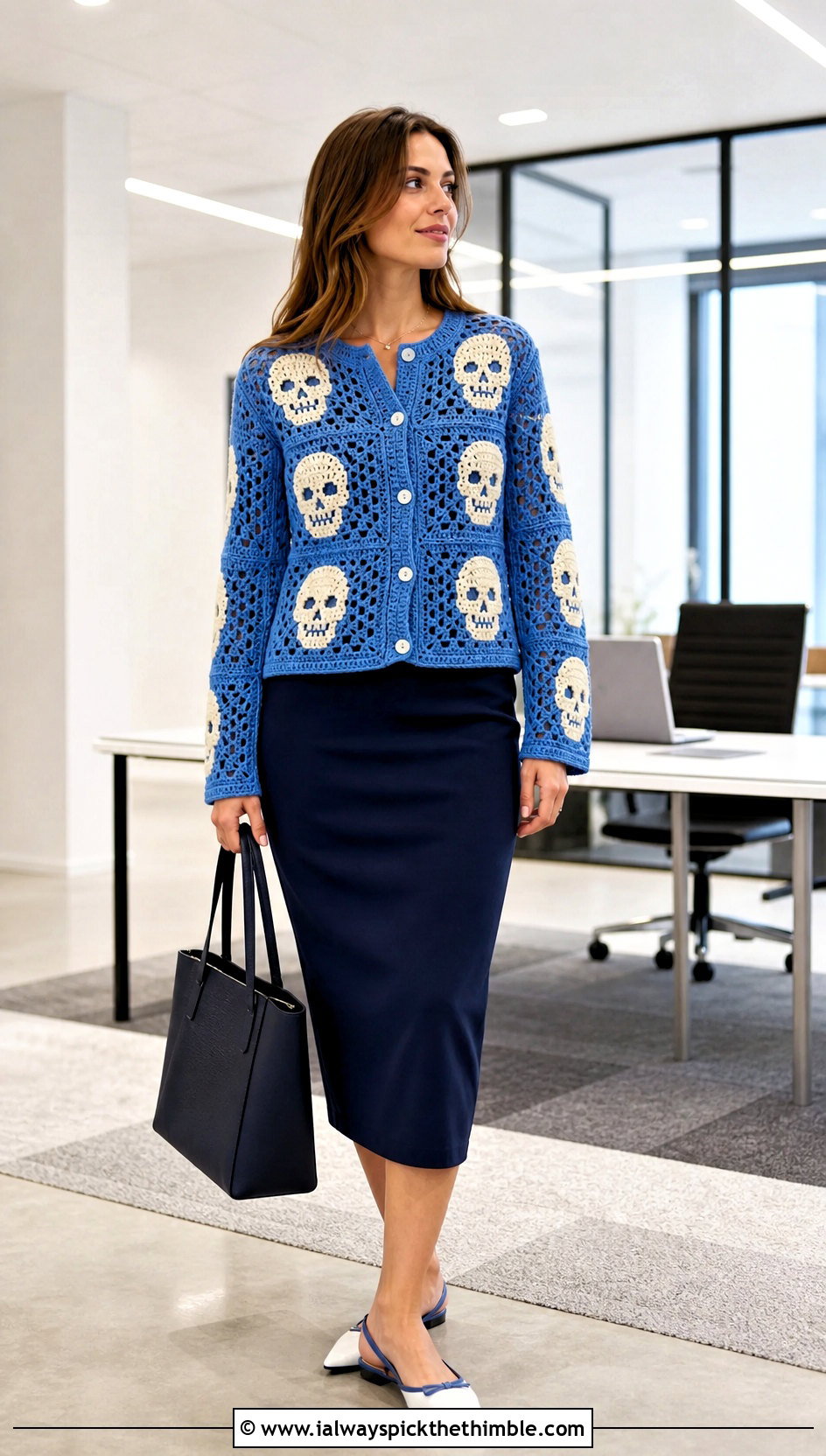 Button Front Crochet Skull Granny Square Cardigan With Pencil Skirt - 20 crochet skull granny square cardigan outfit ideas