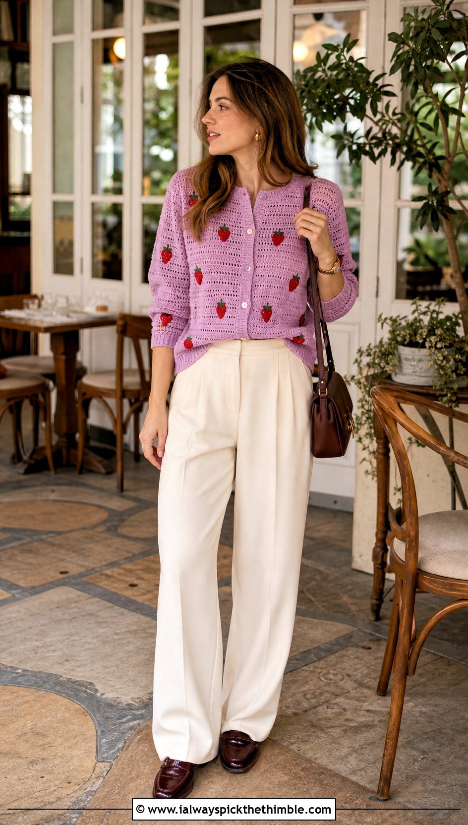 Button Front Crochet Strawberry Cardigan With Pleated Trousers - 25 crochet strawberry cardigan outfit ideas