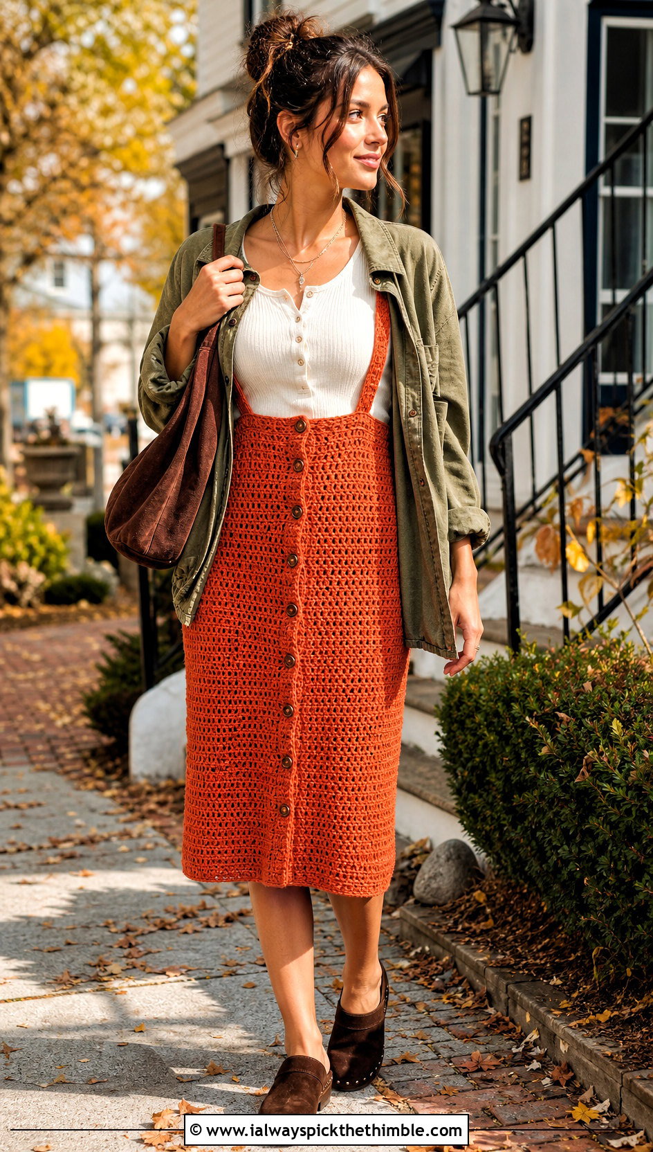 Button Front Crochet Suspender Skirt With Henley Top - 20 crochet suspender skirt outfit ideas