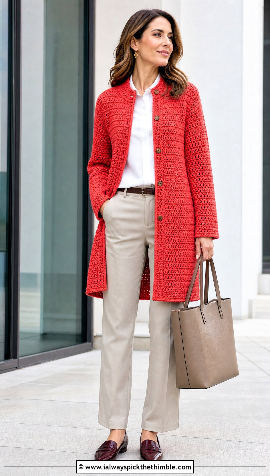 Button Front Crochet Sweater Coat With A White Shirt And Trousers - 20 Crochet Sweater Coat outfit ideas