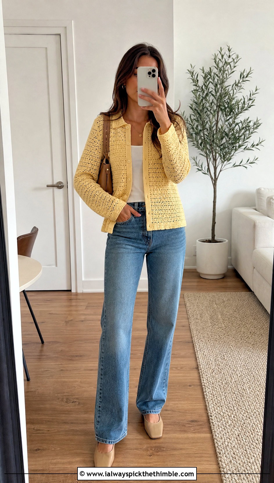 Button Front Crochet Top With Straight Leg Jeans - 20 Crochet Top Ideas With Sleeves