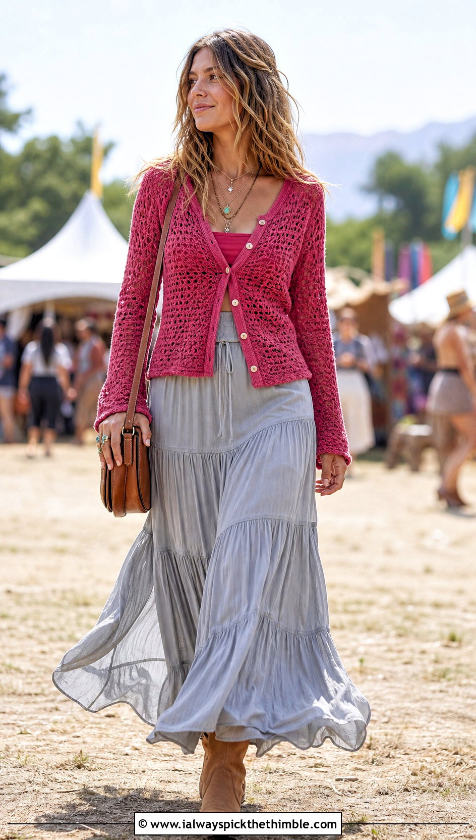Button Front Crochet Top With Tiered Maxi Skirt - 25 Crochet Top Festival Outfit ideas