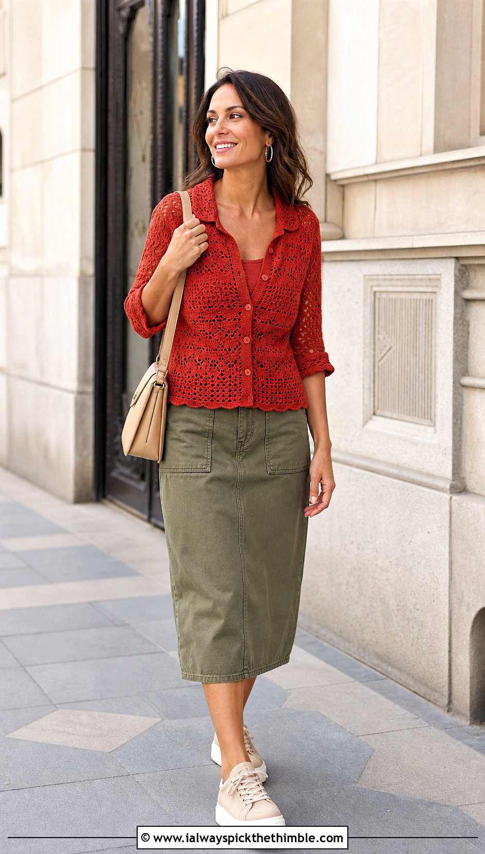 Button Front Crochet Top With Utility Skirt - 25 Fast Crochet Top outfit ideas