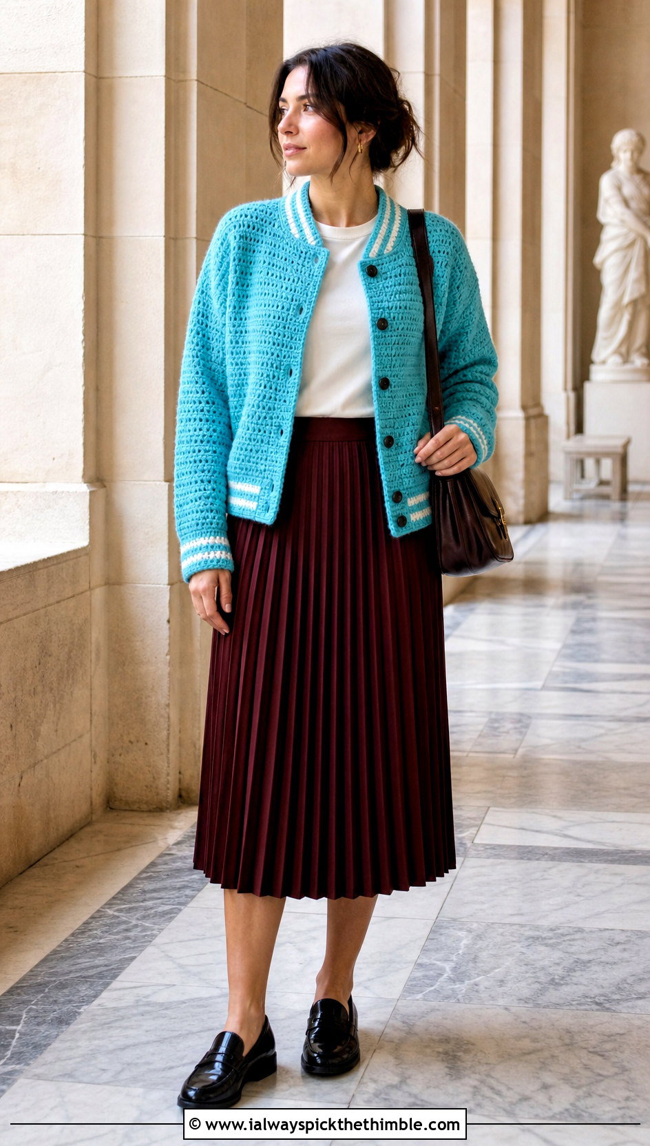 Button Front Crochet Varsity Jacket With Pleated Midi Skirt - 25 crochet varsity jacket outfit ideas