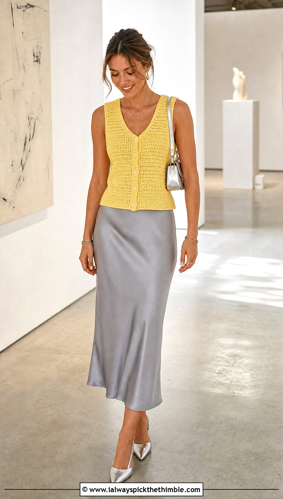 Button Front Crochet Vest With Satin Midi Skirt - 25 crochet vest ideas