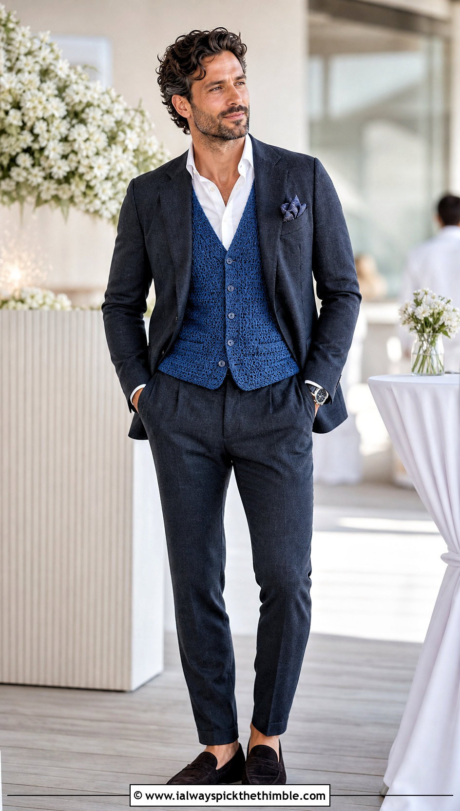 Button Front Crochet Vest With Suit And Loafers - 20 mens crochet vest outfit ideas