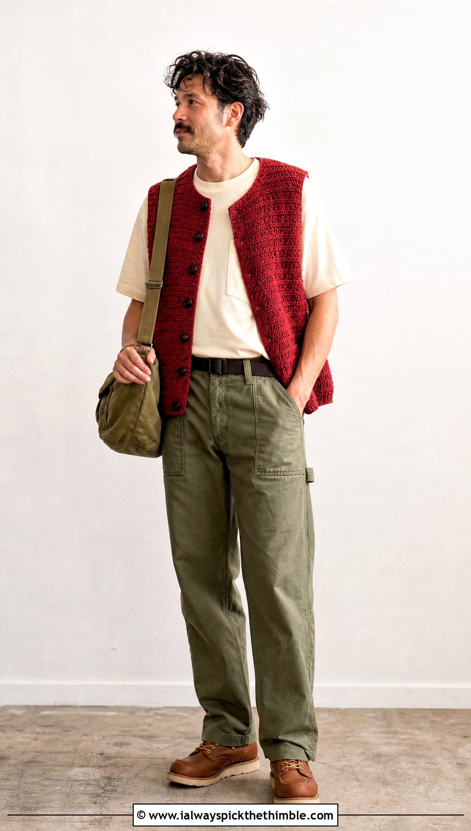 Button Front Crochet Vest With Workwear Pants - 25 crochet vest for men outfit ideas