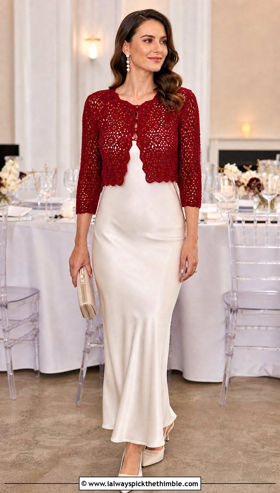 Button Front Crochet Wedding Bolero With Bias Cut Dress - 20 Crochet Wedding Bolero outfit ideas