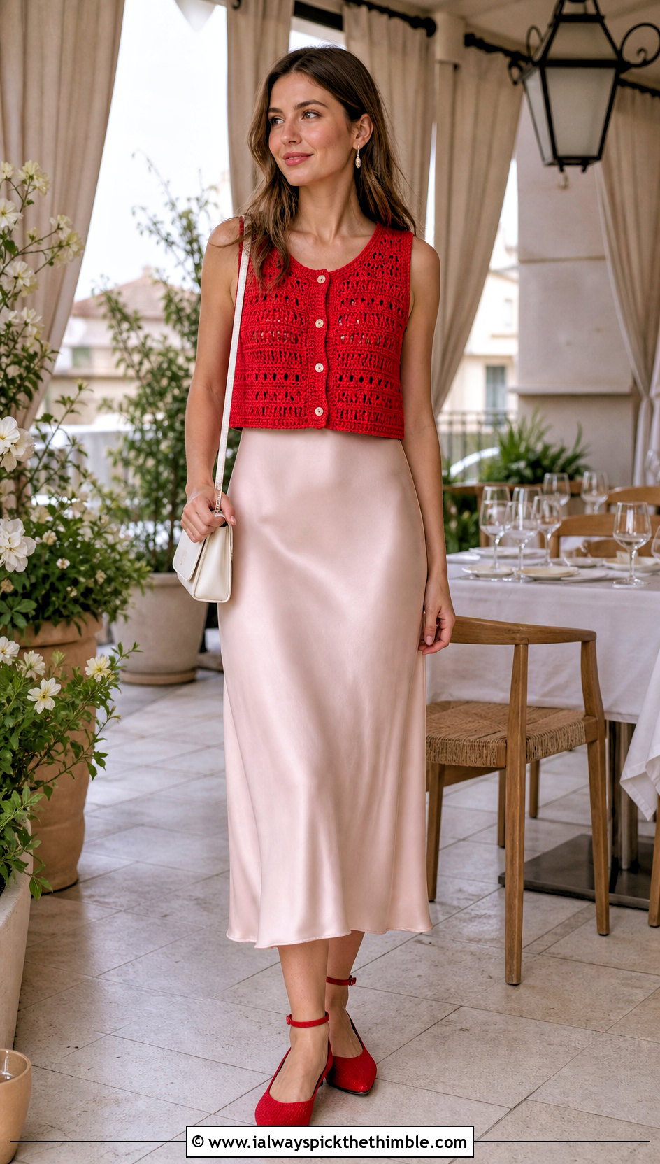 Button Front Cropped Crochet Sweater Vest With A Slip Dress - 15 Cropped Crochet Sweater Vest outfit ideas