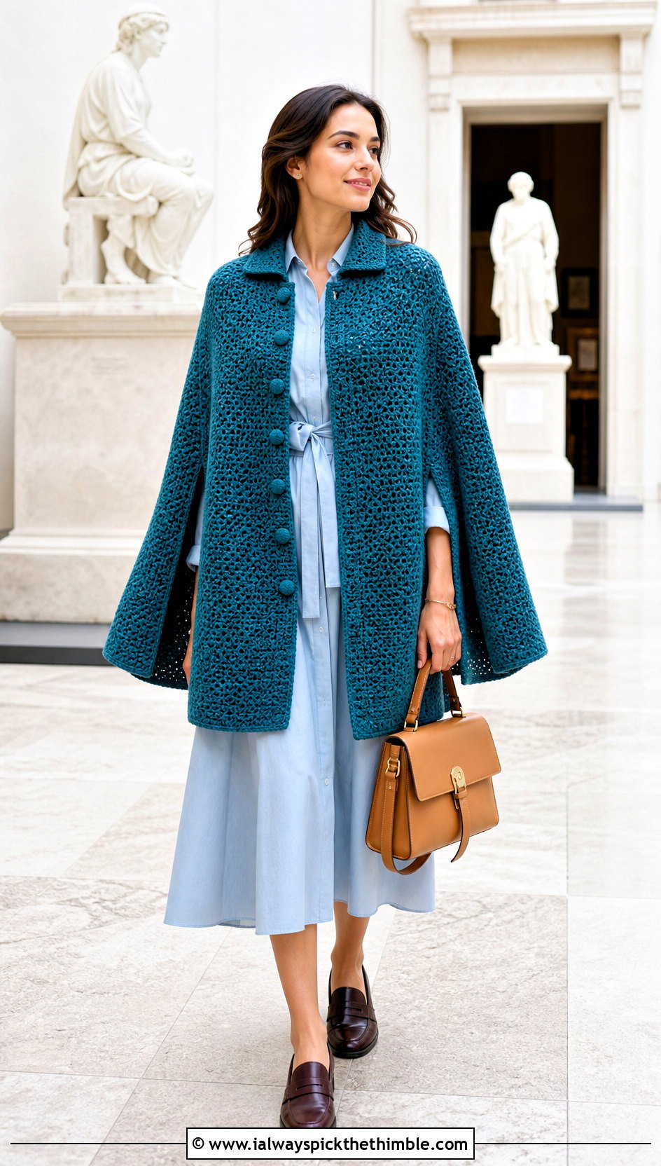 Button Front DIY Crochet Cape With Shirt Dress - 15 diy crochet cape outfit ideas