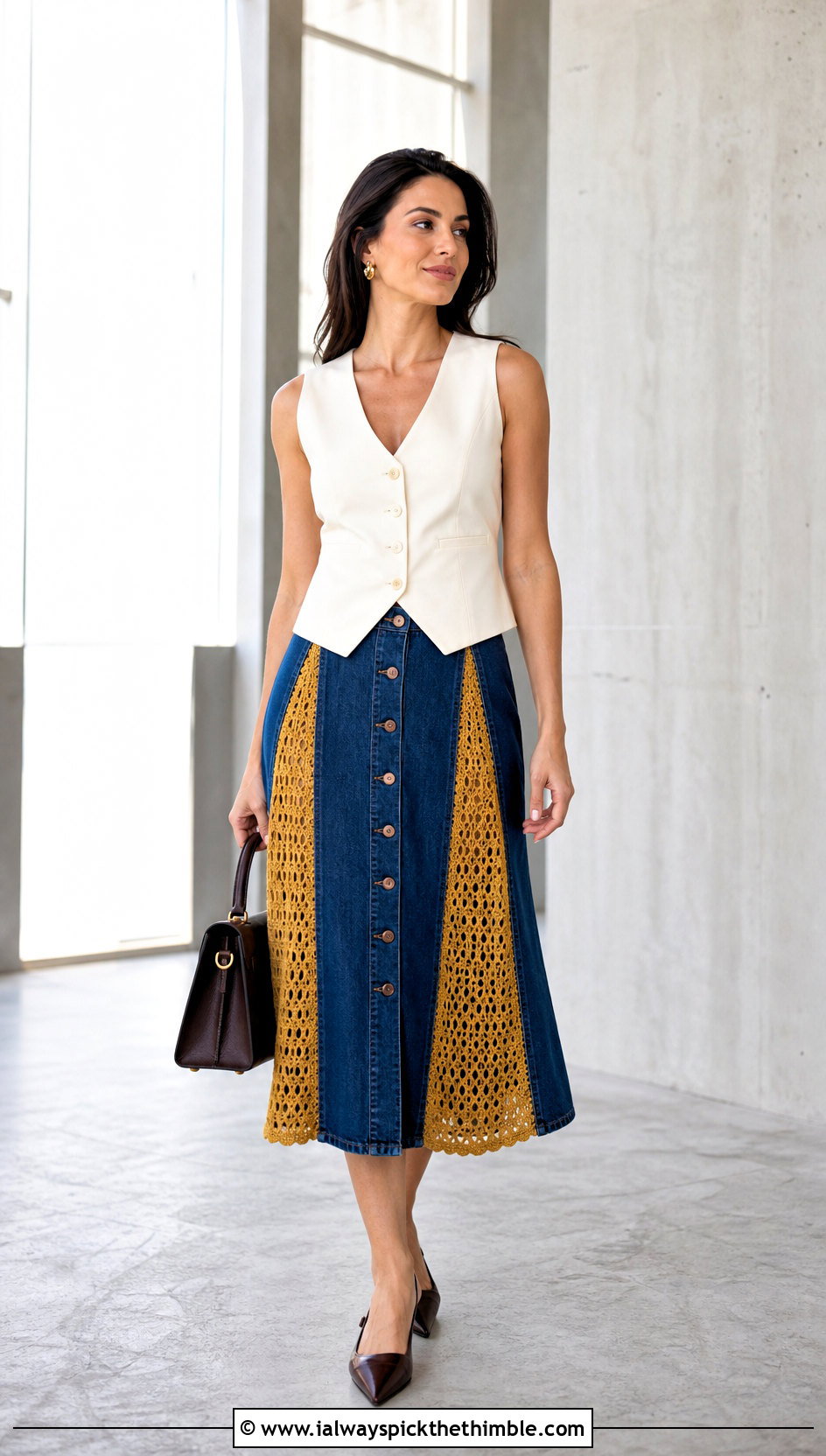 Button Front Denim Crochet Midi Skirt With Vest Top - 20 denim crochet skirt outfit ideas
