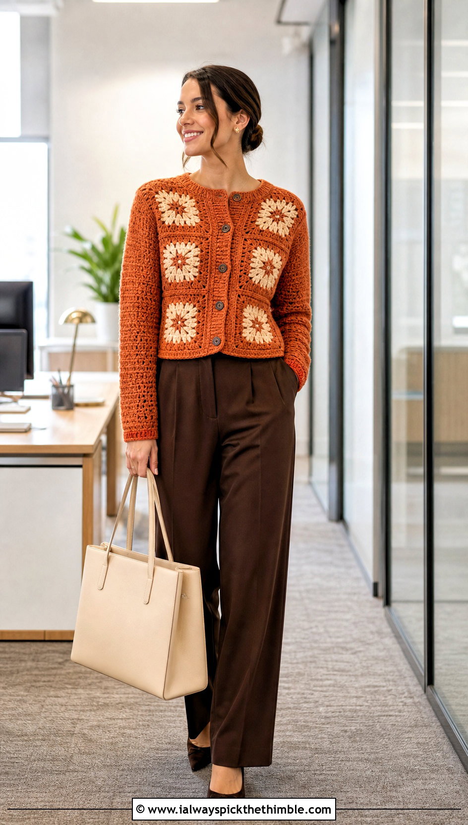 Button Front Floral Square Patch Cardigan With Pleated Pants - 20 Square Patch Crochet Cardigan outfit ideas