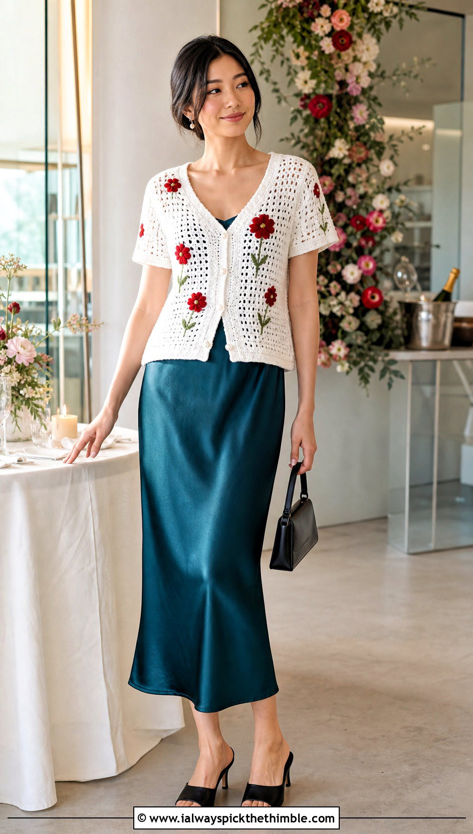 Button Front Flower Crochet Top Over A Slip Dress - 15 white crochet top with flowers outfit ideas