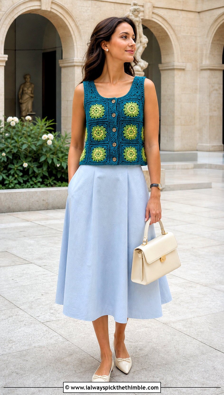 Button Front Flower Granny Square Crochet Tank Top With Midi Skirt - 20 Granny Square Crochet Tank Top outfit ideas