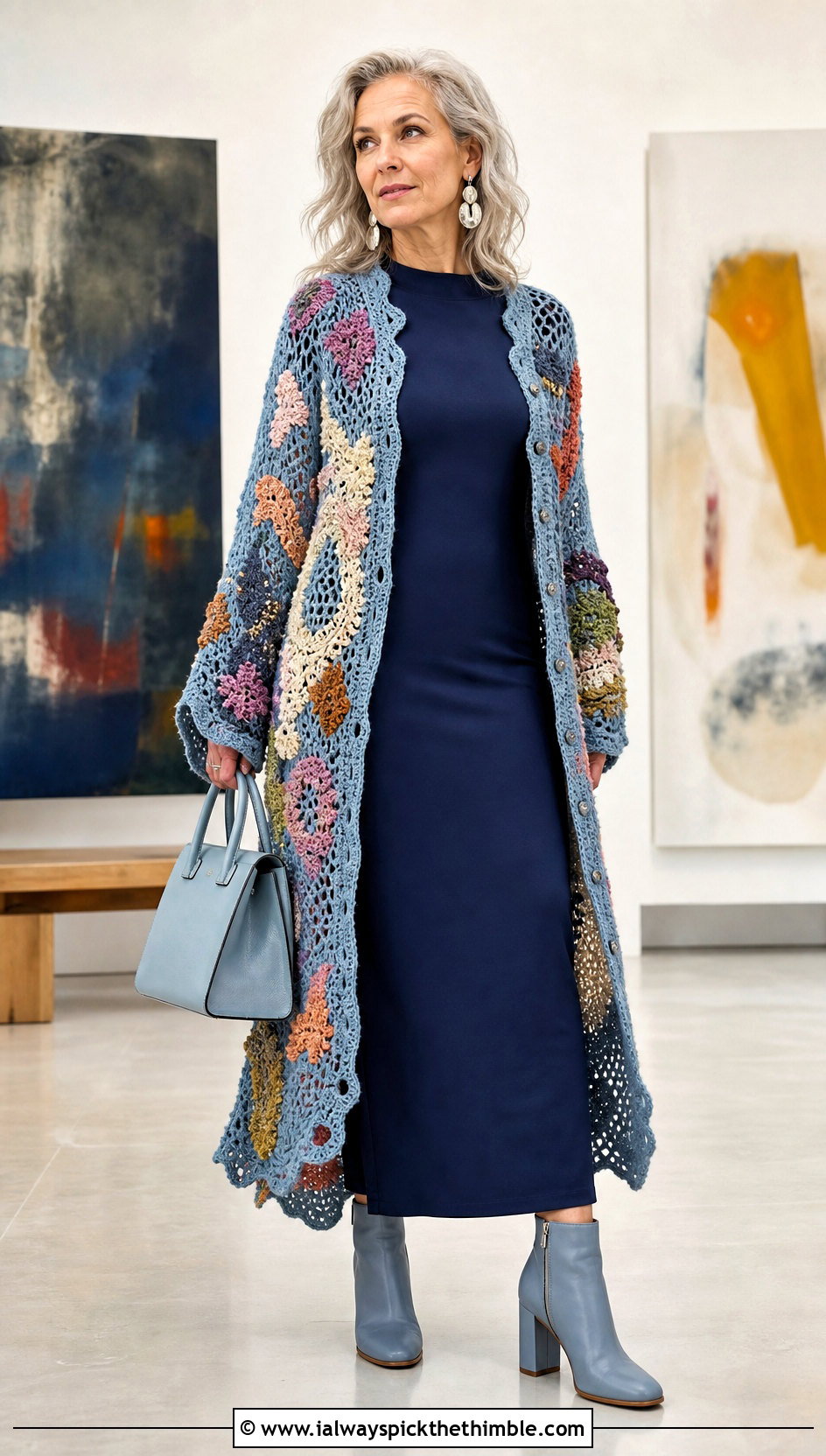 Button Front Freeform Crochet Cardigan Sweater With a Column Dress - 20 freeform crochet sweater outfit ideas