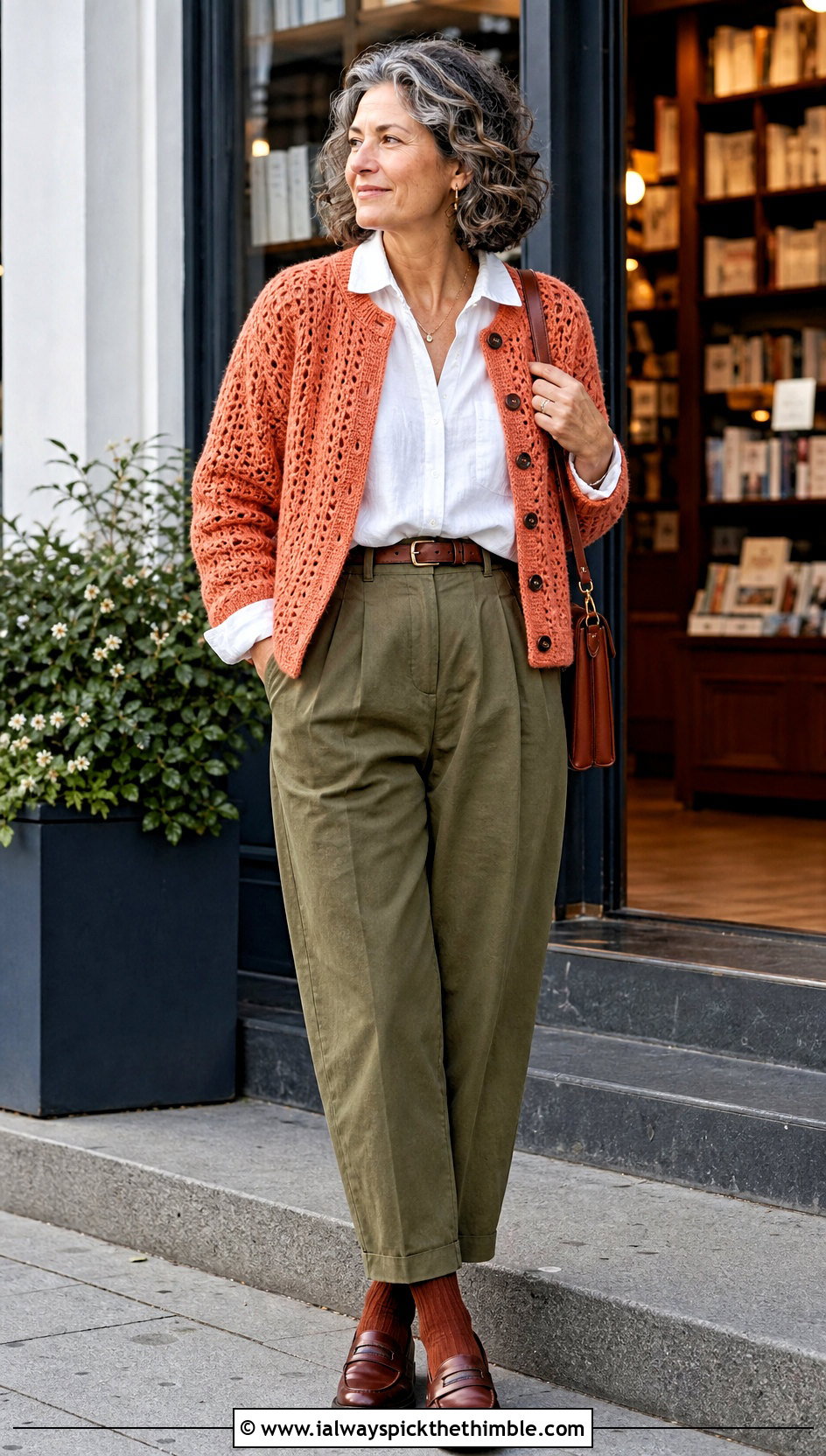 Button Front Grandpa Crochet Cardigan With Shirt And Chinos - 20 grandpa crochet cardigan outfit ideas