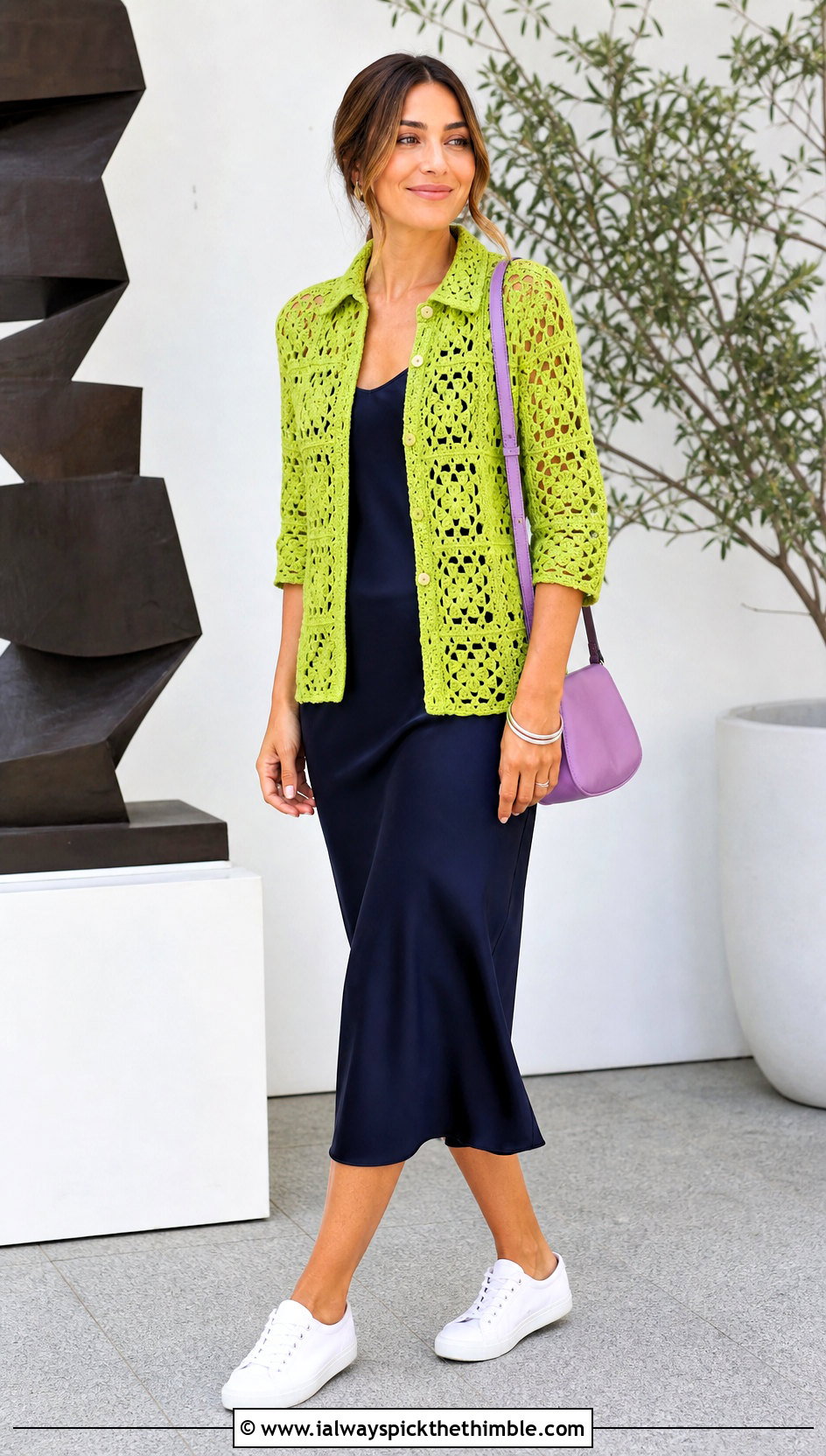 Button Front Granny Square Blouse With Slip Dress - 25 Granny Square Blouse outfit ideas