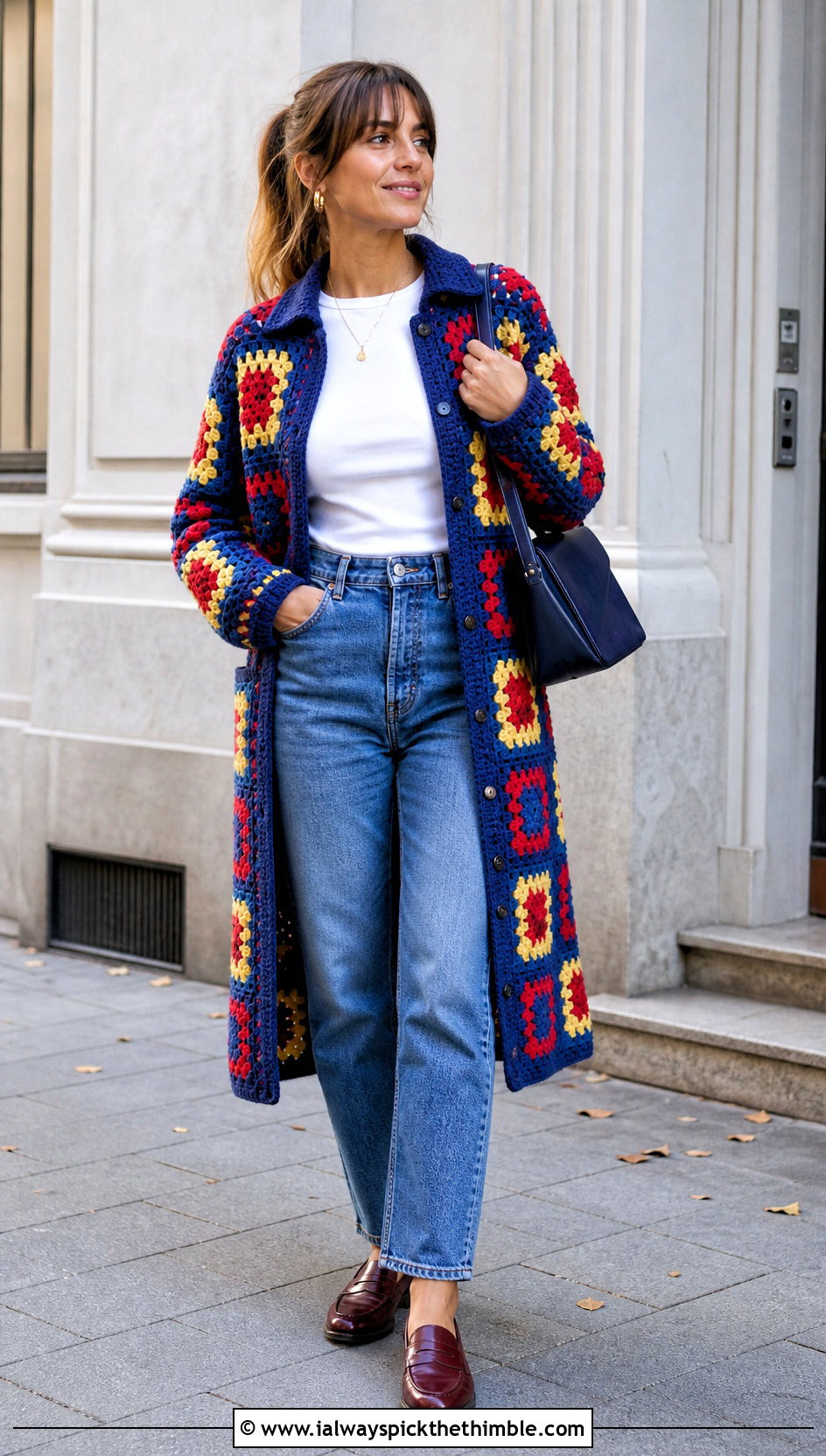 Button Front Granny Square Car Coat With Mom Jeans - 15 Granny Square Car Coat outfit ideas