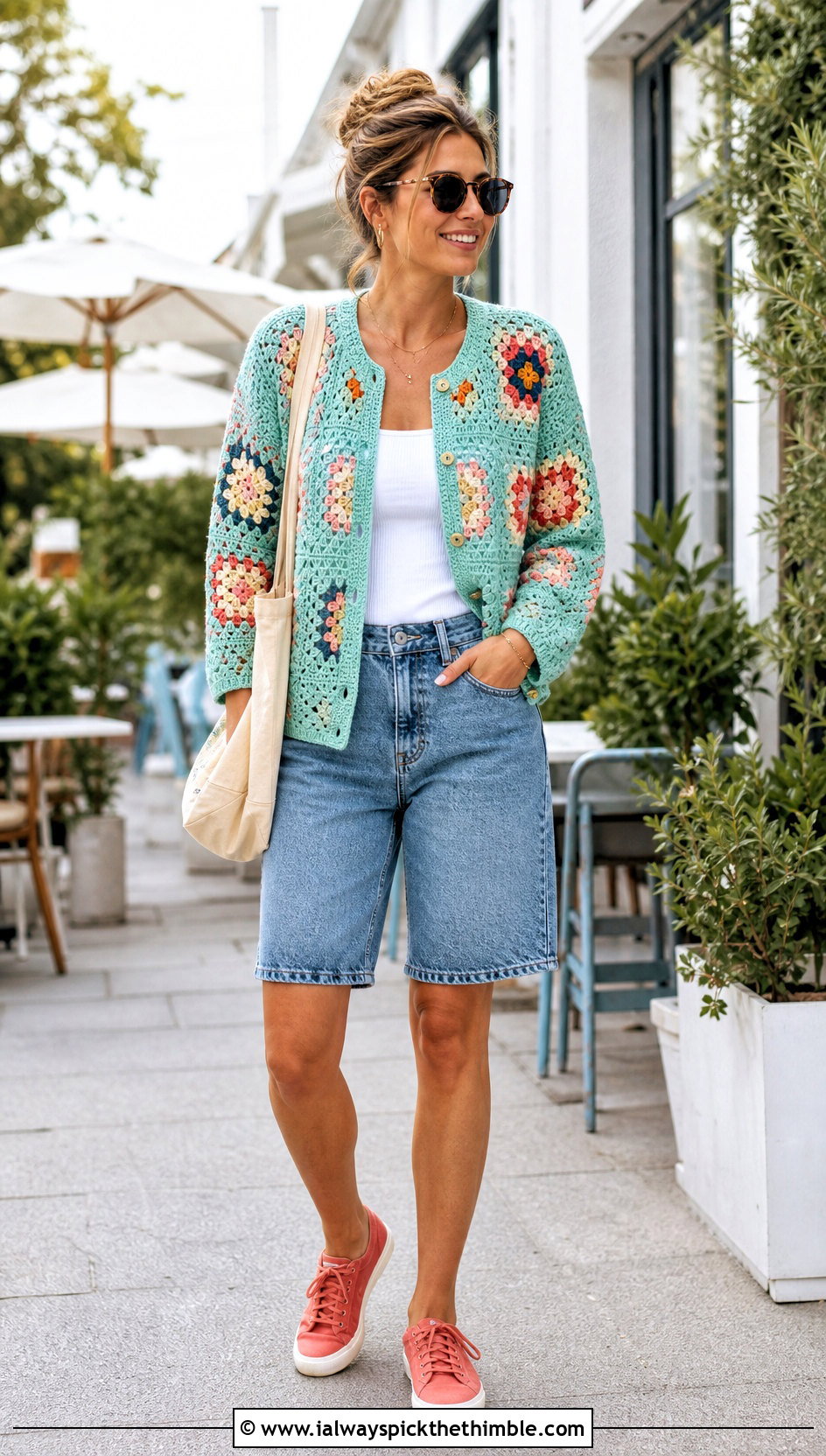 Button Front Granny Square Cardigan With Denim Shorts - 20 Granny Squares Sweater outfit ideas