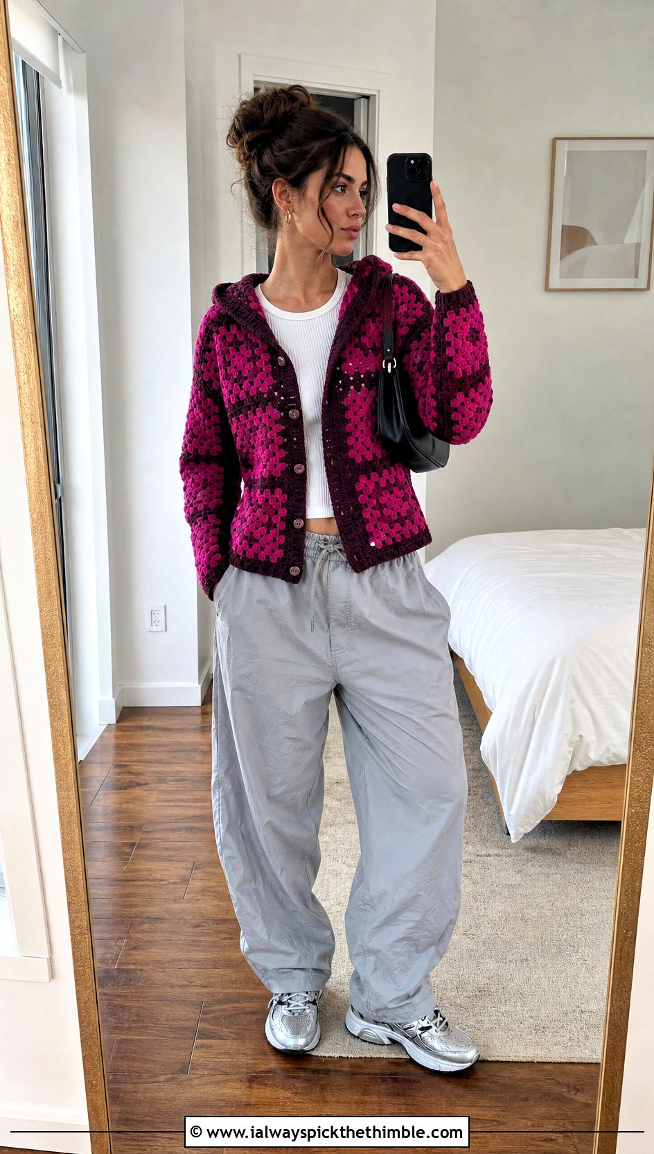 Button Front Granny Square Cardigan With Hood And Parachute Pants - 20 granny square cardigan with hood outfit ideas
