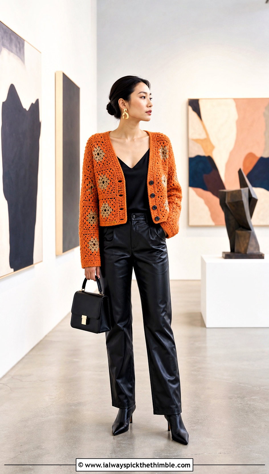 Button Front Granny Square Cardigan With Leather Pants - 25 granny square crochet cardigan jacket outfit ideas