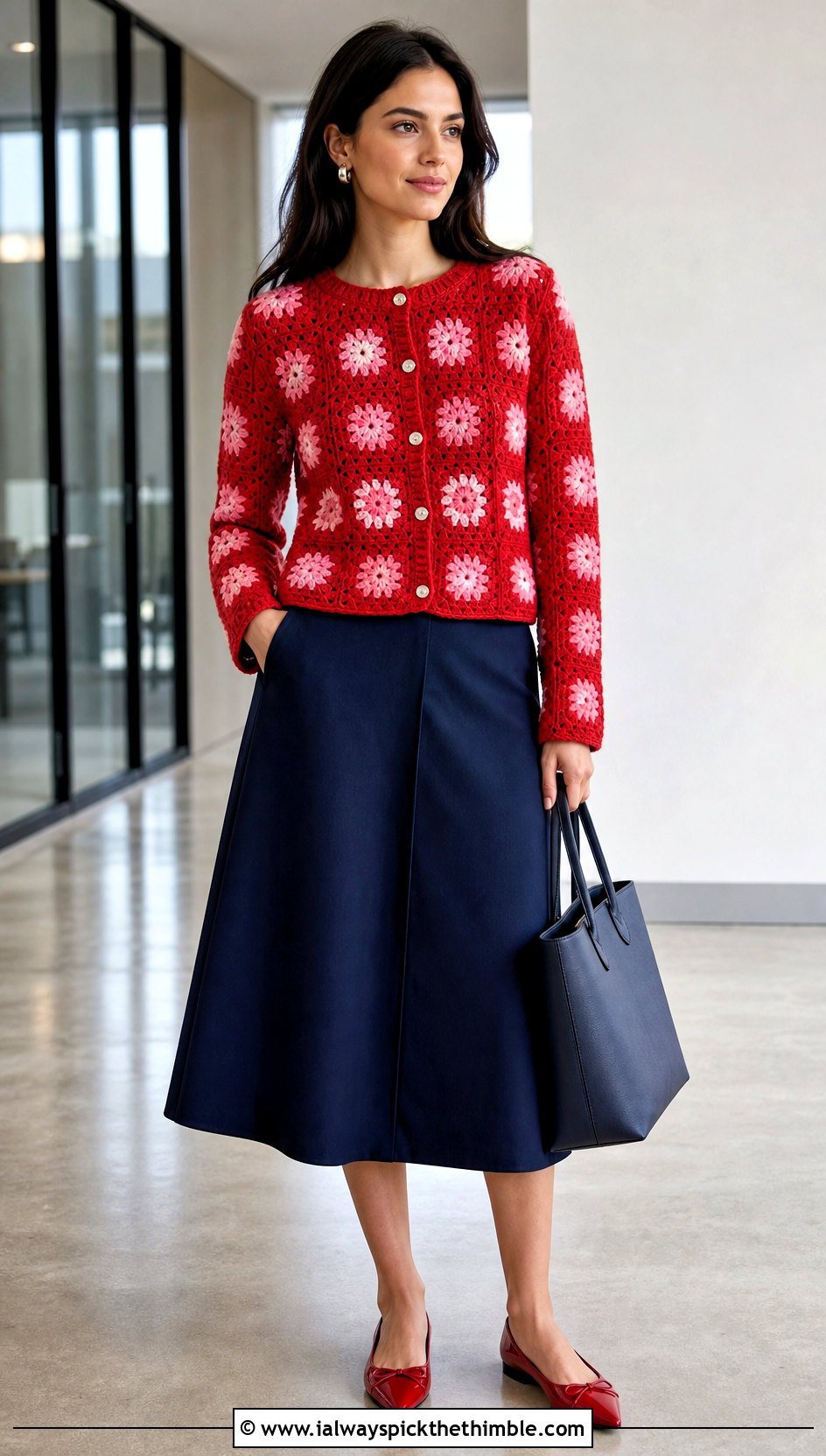 Button Front Granny Square Cardigan With Midi Skirt - 25 Easy Simple Crochet Granny Square Cardigan outfit ideas