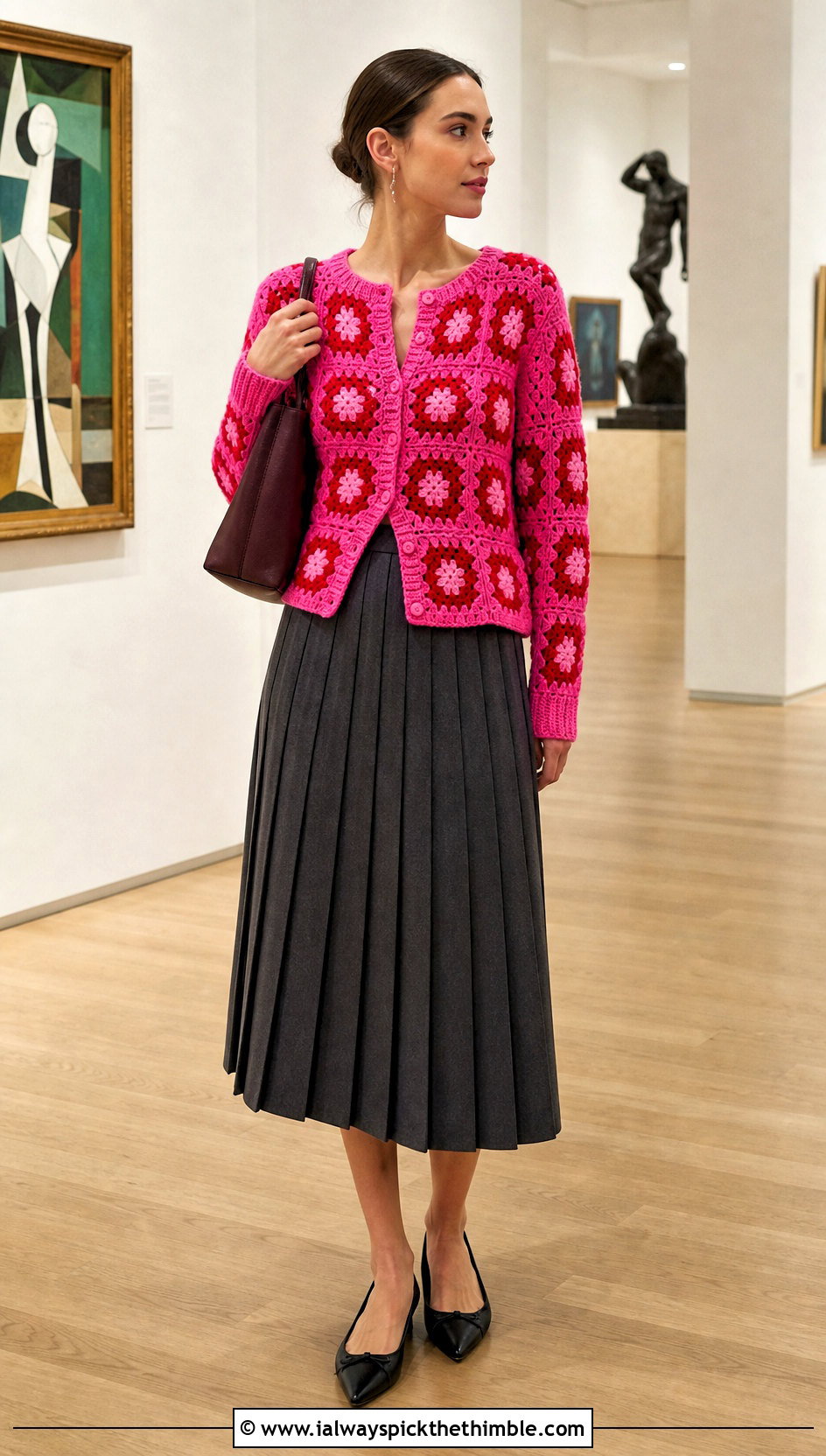 Button Front Granny Square Cardigan With Pleated Midi Skirt - 20 granny squares cardigan outfit ideas
