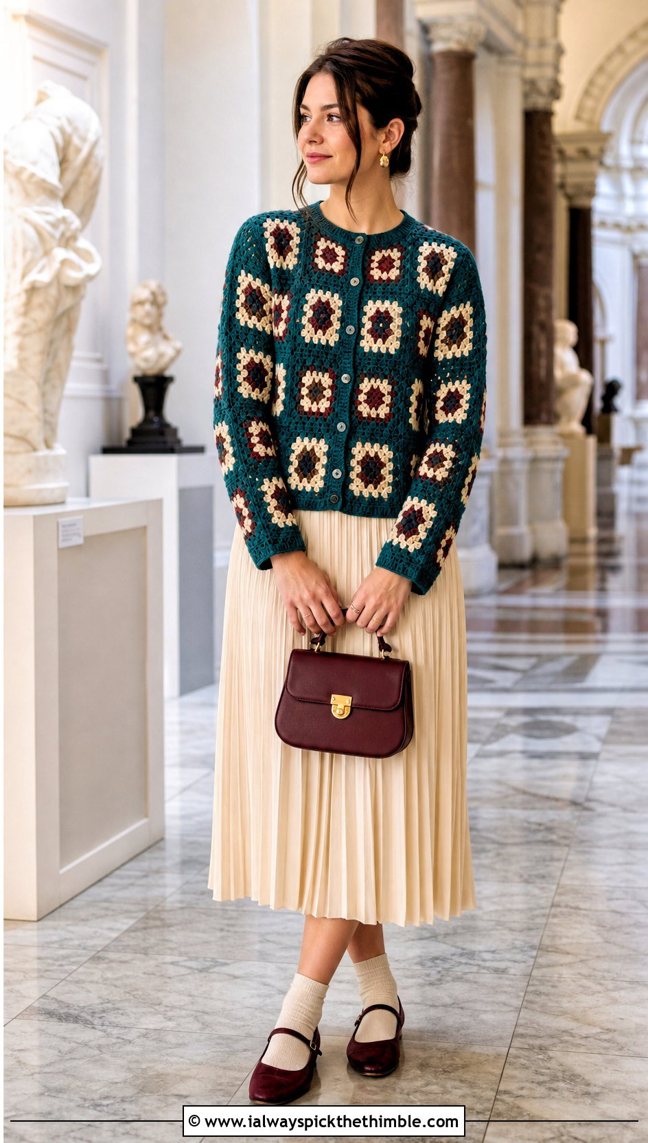 Button Front Granny Square Cardigan With Pleated Midi Skirt - 25 granny square cardigan outfit ideas