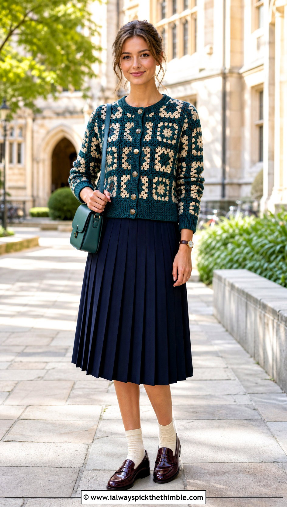 Button Front Granny Square Cardigan With Pleated Midi Skirt - 15 Never Off Granny Square Cardigan outfit ideas