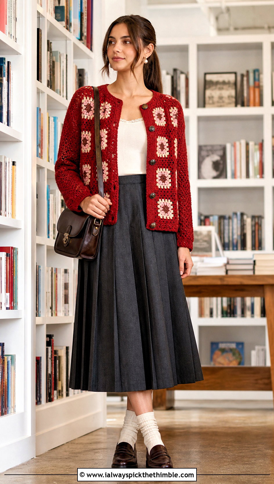 Button Front Granny Square Cardigan With Pleated Skirt - 20 boho granny square cardigan outfit ideas