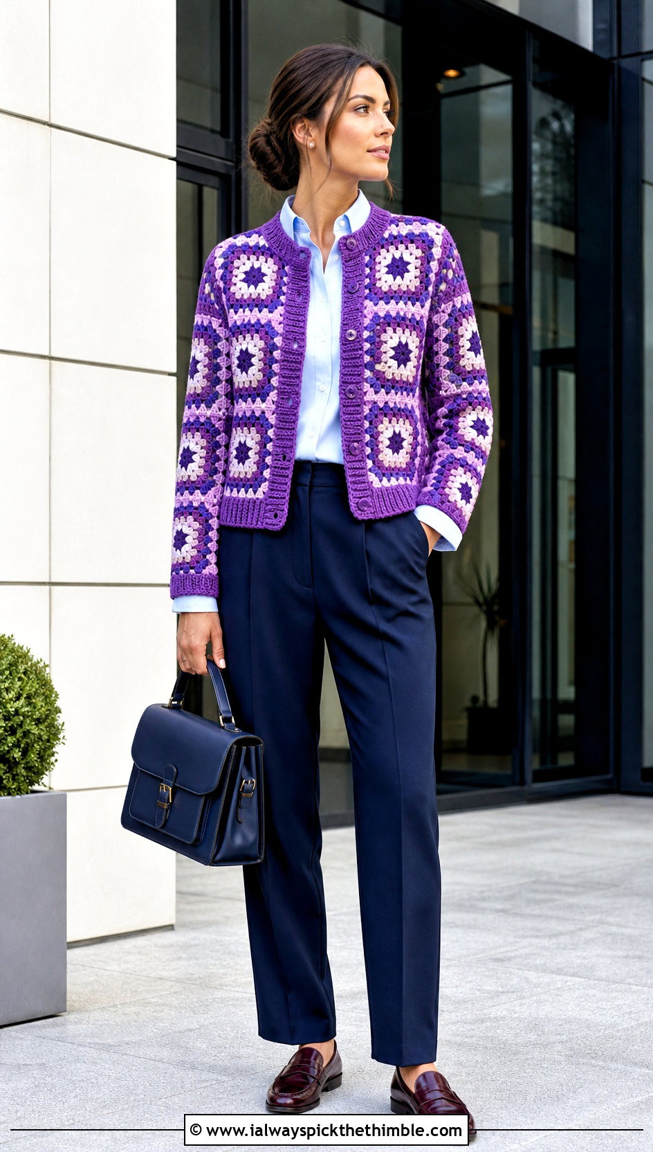 Button Front Granny Square Cardigan With Pleated Trousers - 25 crochet granny square cardigan outfit ideas