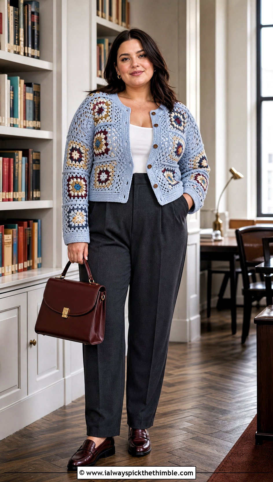 Button Front Granny Square Cardigan With Pleated Trousers - 20 plus size crochet granny square cardigan outfit ideas