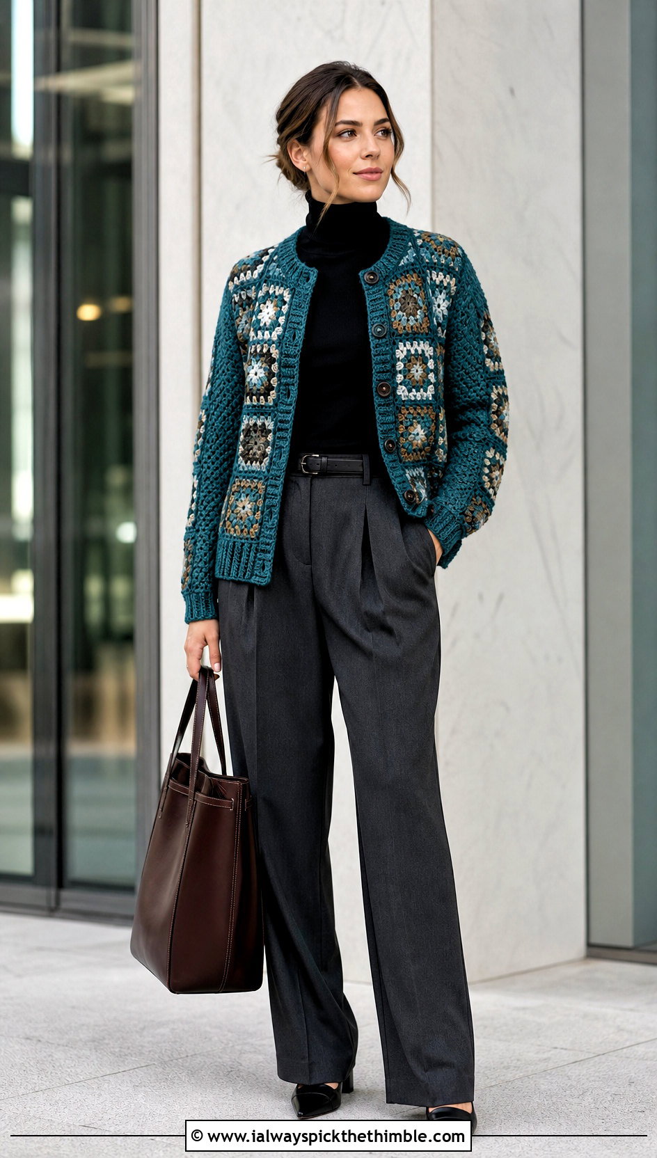 Button Front Granny Square Cardigan With Tailored Pants - 20 Fall Granny Square Sweater outfit ideas