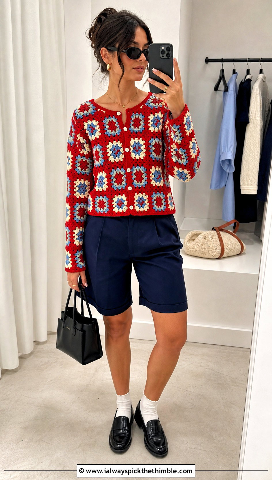 Button Front Granny Square Cardigan With Tailored Shorts - 20 crochet granny squares cardigan outfit ideas