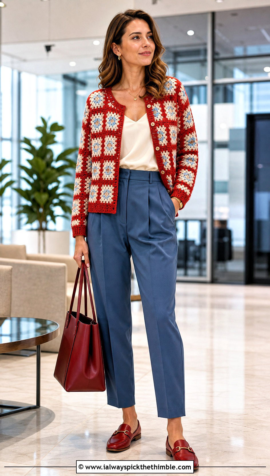 Button Front Granny Square Cardigan With Tailored Trousers - 20 cardigan with granny square outfit ideas