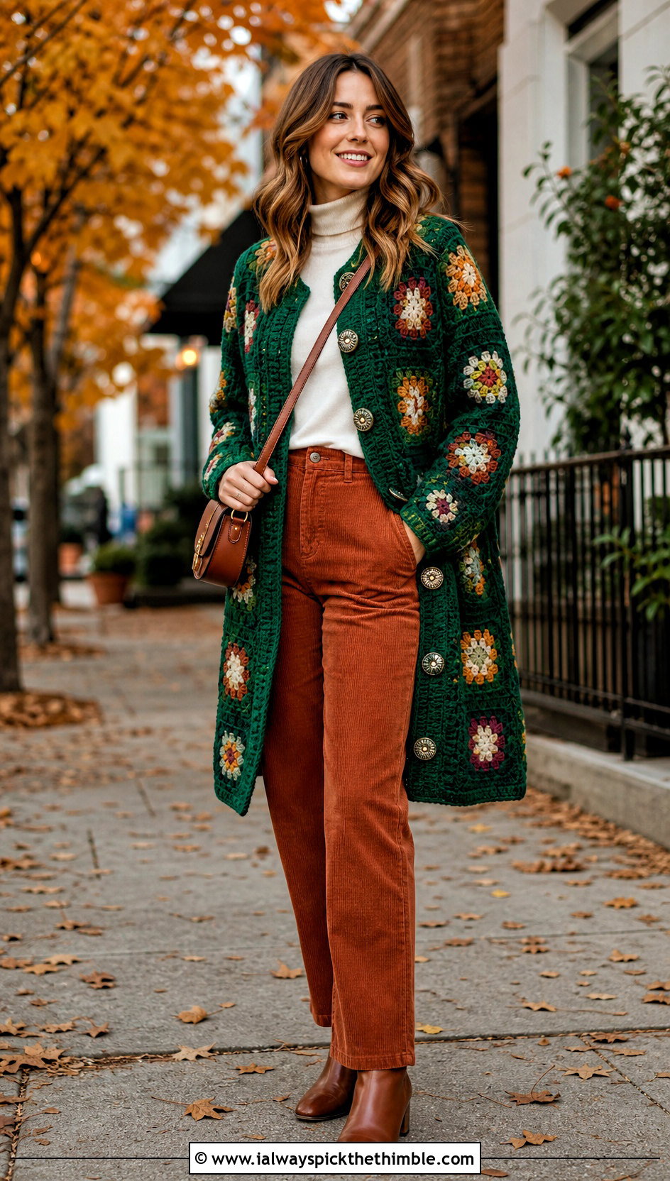 Button Front Granny Square Coat With Corduroy Pants - 20 crochet granny square coat outfit ideas