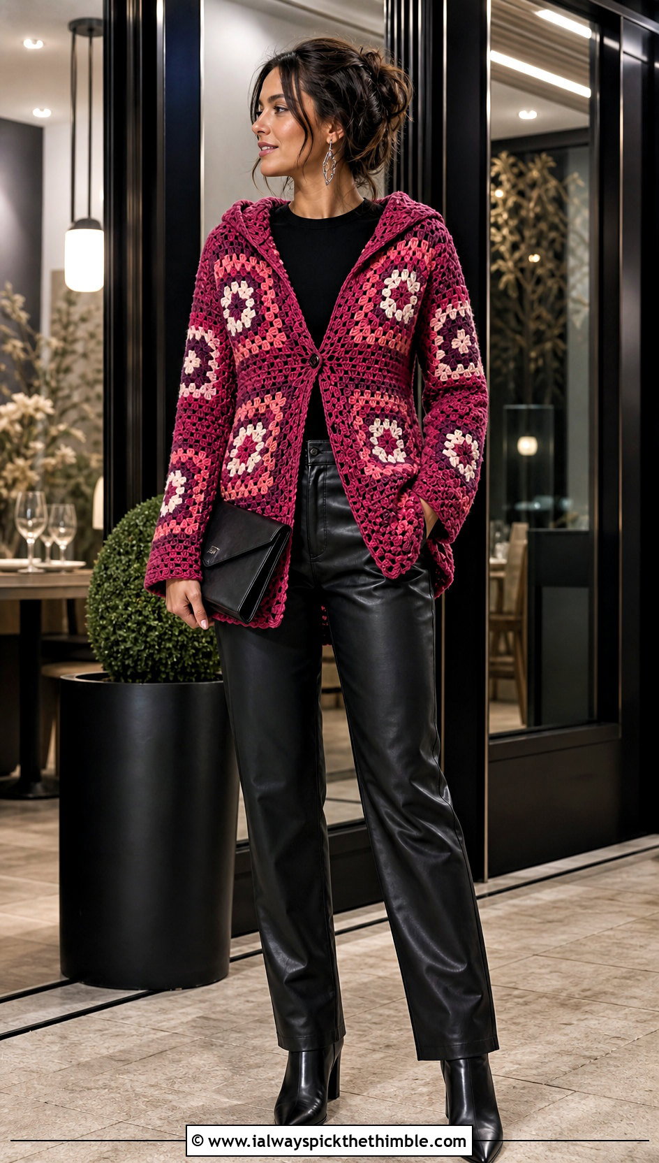 Button Front Granny Square Hooded Jacket With Leather Pants - 20 Granny Square Hooded Jacket outfit ideas