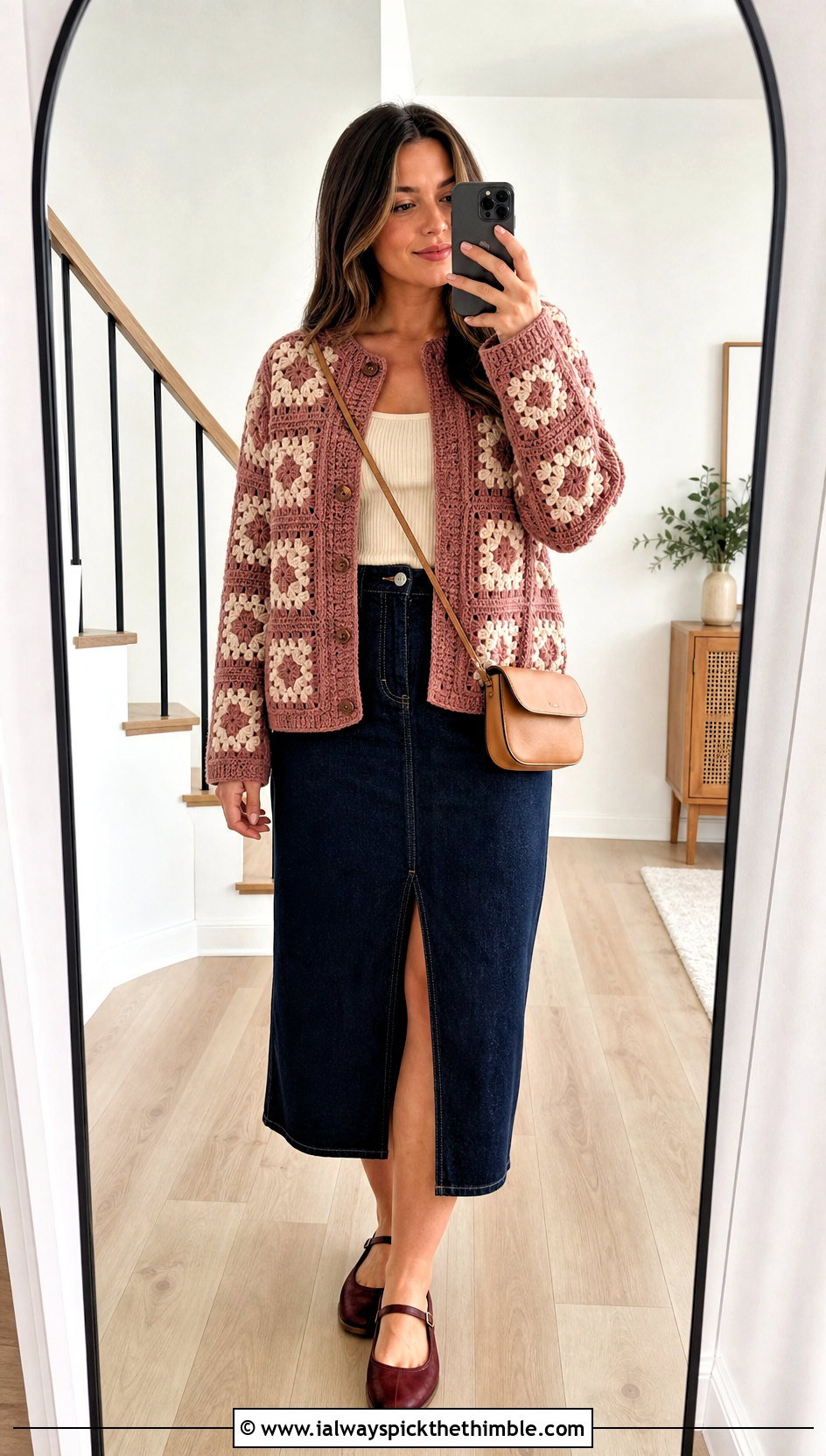 Button Front Granny Square Jacket With Denim Midi Skirt - 20 crochet granny square jacket outfit ideas