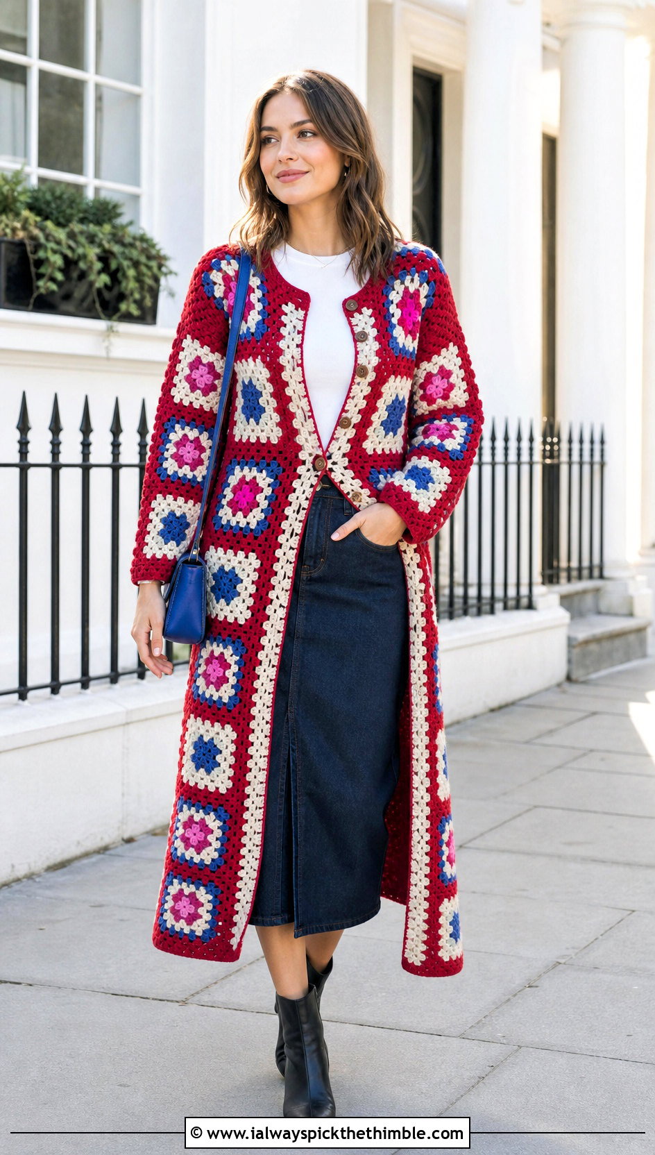 Button Front Granny Square Long Cardigan With Midi Skirt - 20 granny square long cardigan outfit ideas