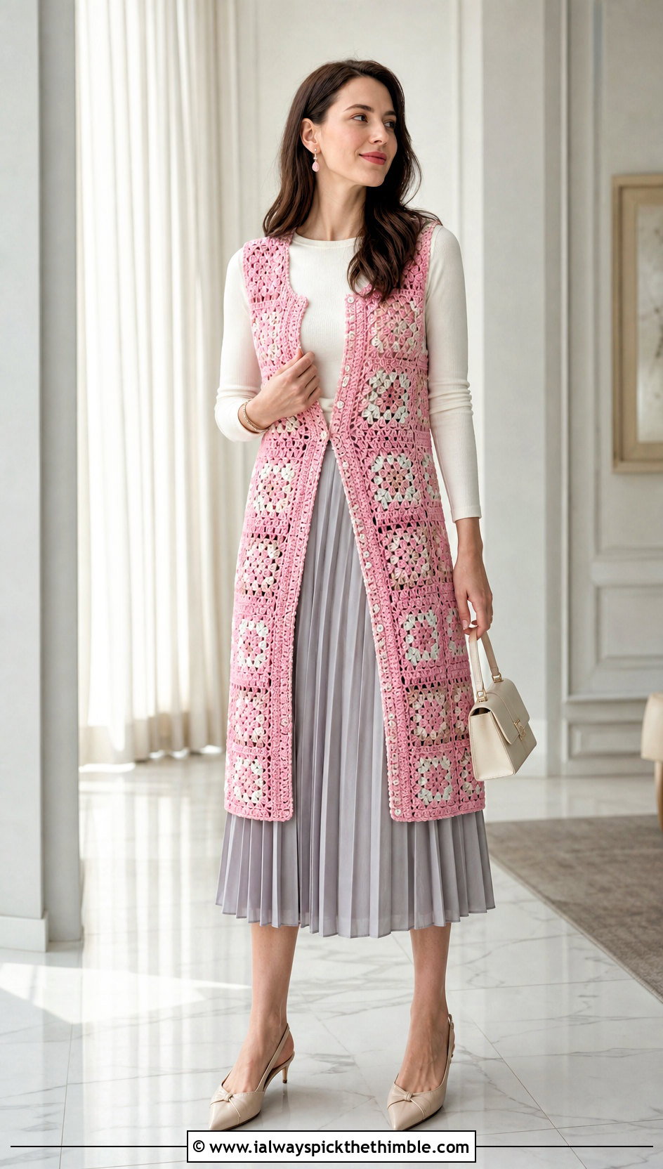 Button Front Granny Square Long Vest With Pleated Midi Skirt - 20 Granny Square Long Vest outfit ideas