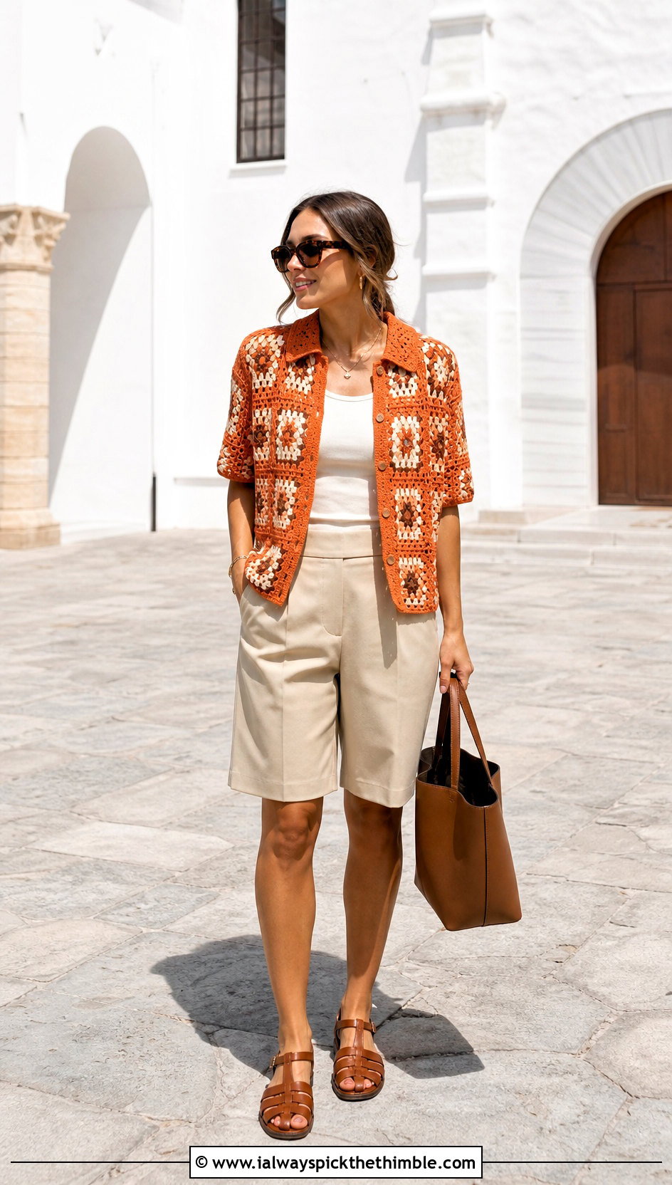 Button Front Granny Square Shirt Top With Tailored Shorts - 25 granny square top outfit ideas