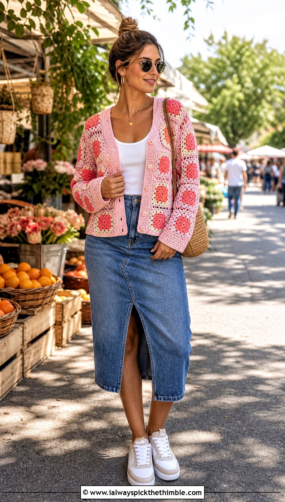 Button Front Granny Square Summer Cardigan With Denim Midi Skirt - 20 granny square summer cardigan outfit ideas