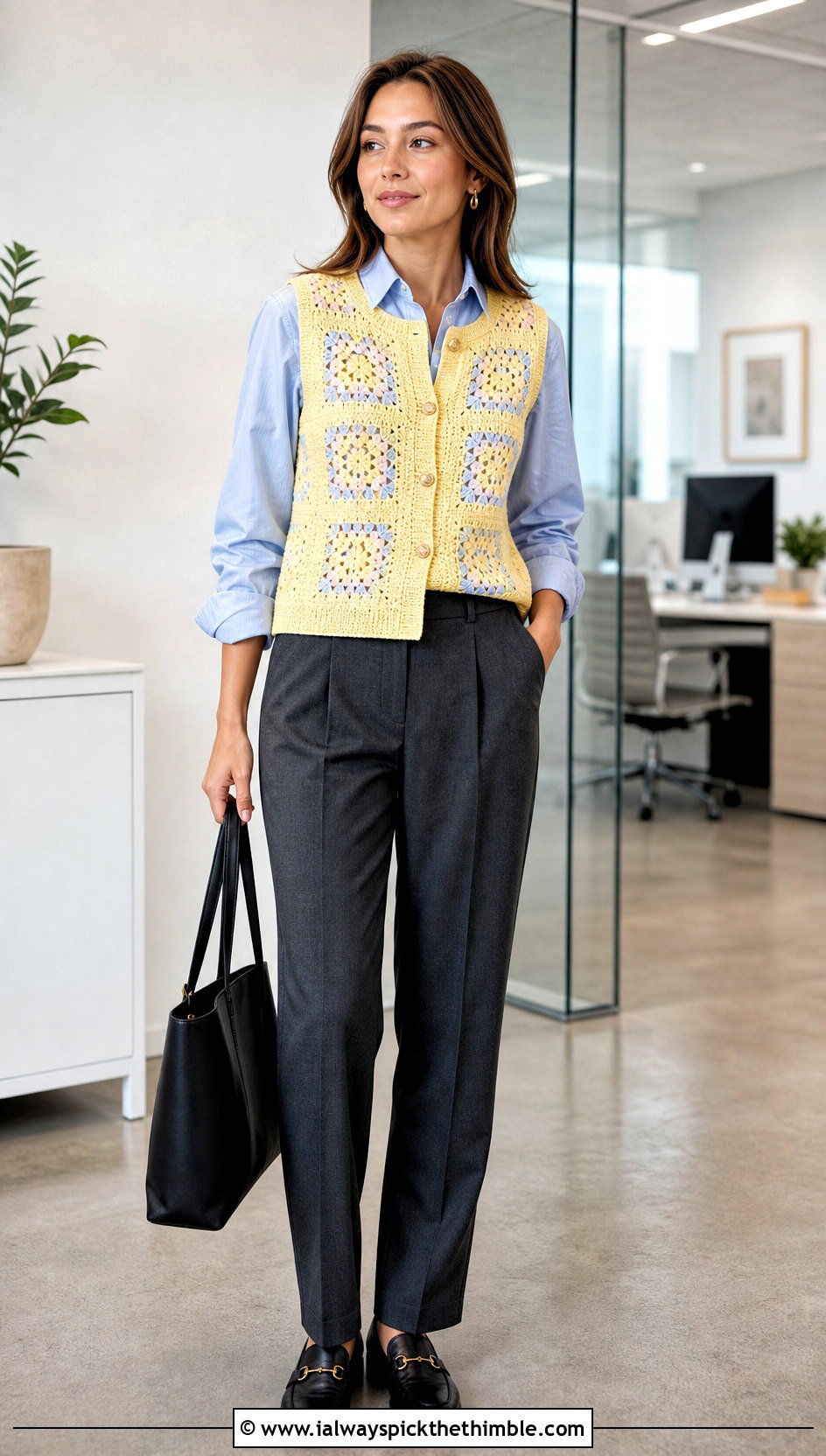 Button Front Granny Square Sweater Vest With Tailored Trousers - 25 granny square sweater vest outfit ideas
