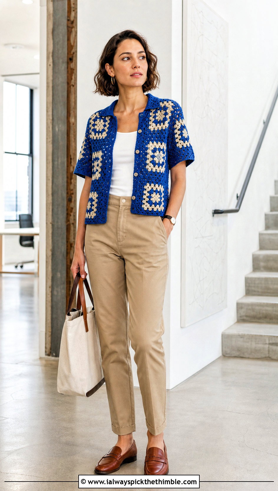 Button Front Granny Square Top With Chino Pants - 20 Square Crochet Top outfit ideas