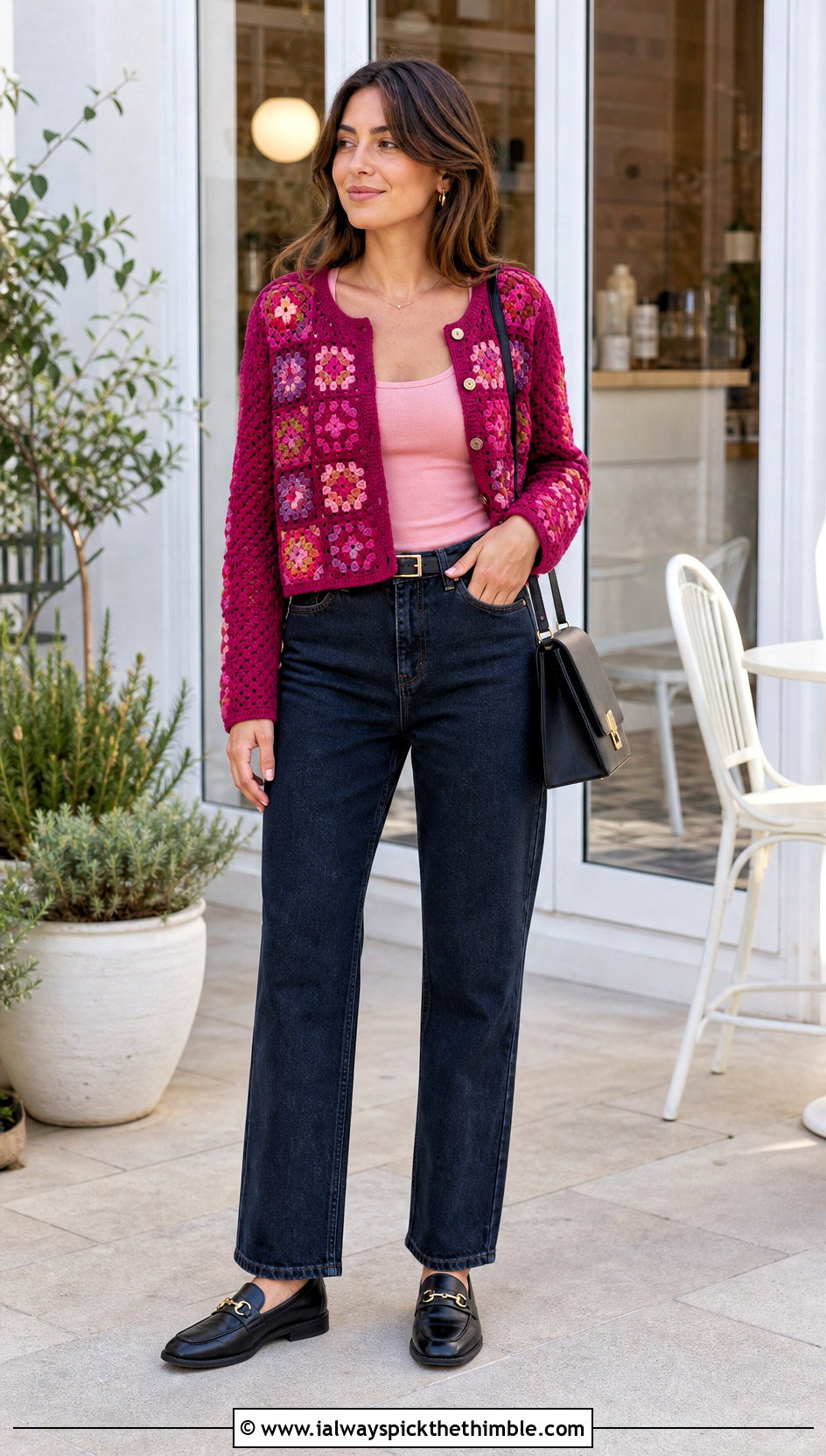 Button Front Granny Square Top With Straight Leg Jeans - 20 Crochet Granny Square Tops For Women outfit ideas